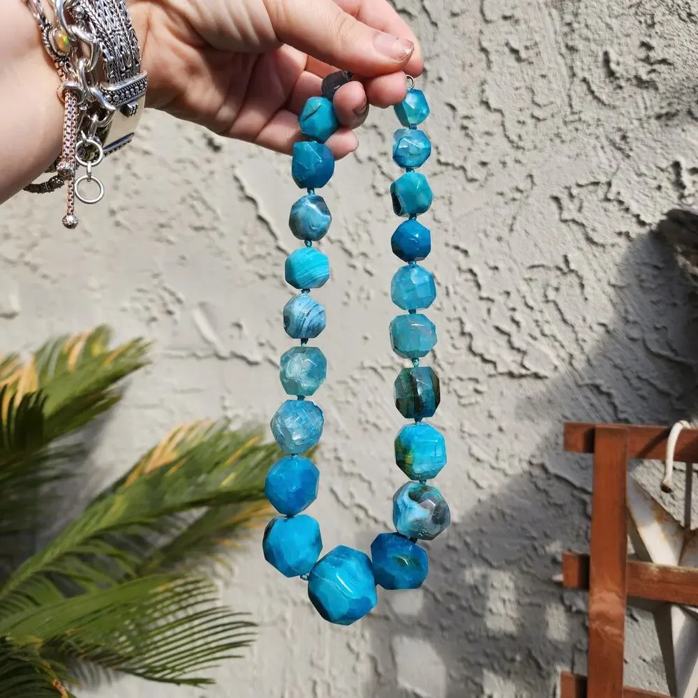 Lucas Lameth Blue Dragon Vein Agate Necklace LUC 925 Chunky Faceted Large Bead - Picture 8 of 11